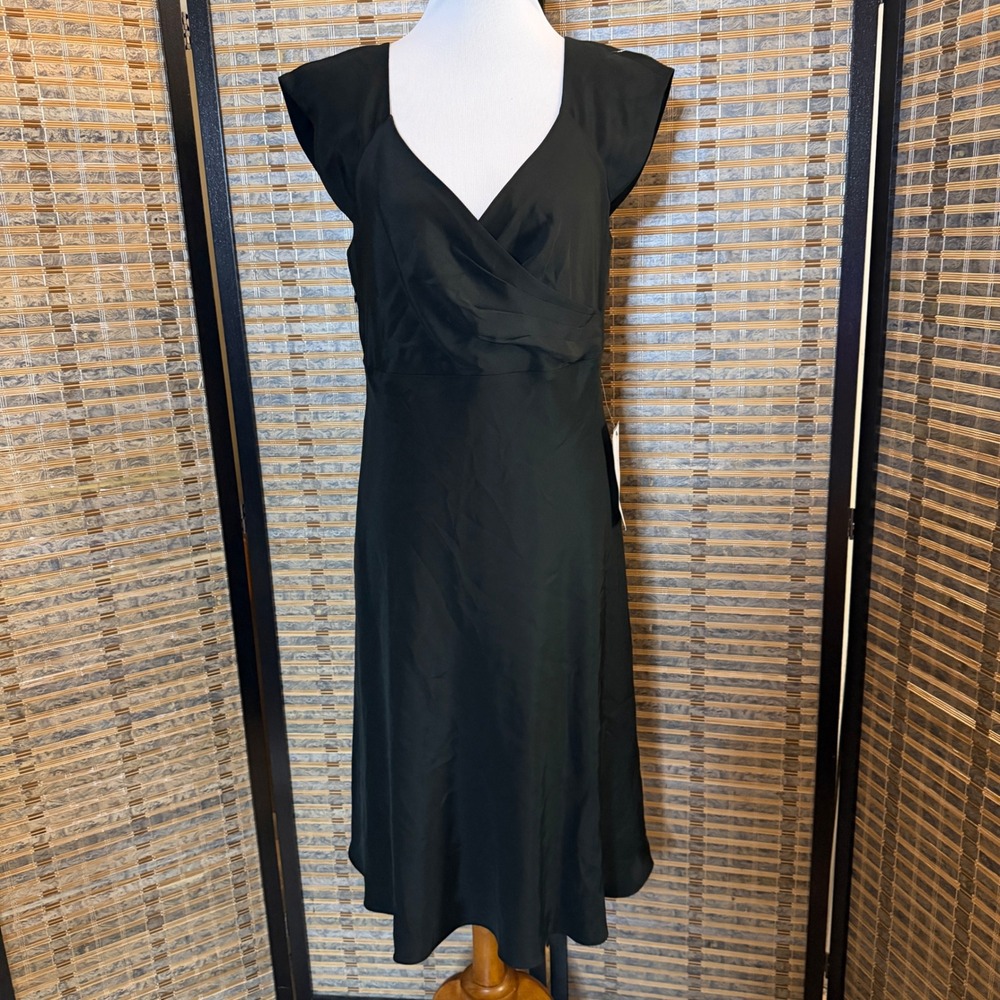 J Crew Silk Tricotine Midi Dress Women 14 Black Surplice Cap Sleeve 2009 LBD